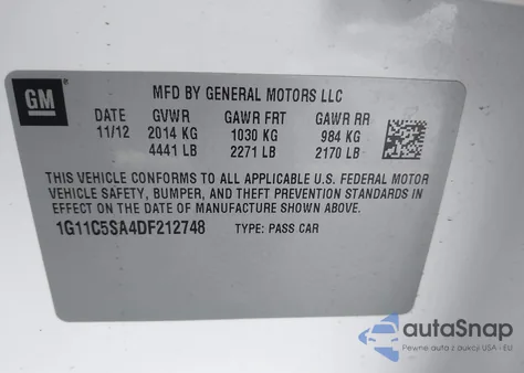 2013 Chevrolet Malibu 1Lt z USA, uszkodzony, nr VIN 1G11C5SA4DF212748